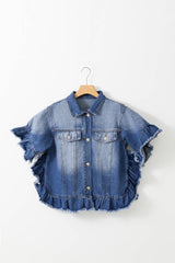 Raw Edge Ruffled Short Sleeve Denim Jacket