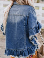 Raw Edge Ruffled Short Sleeve Denim Jacket