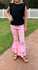 Kids Light Pink Distressed Denim Double Ruffle Pant Jeans
