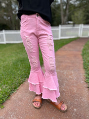 Kids Light Pink Distressed Denim Double Ruffle Pant Jeans