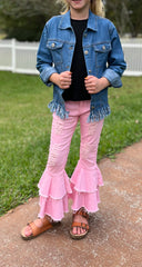 Kids Dark Denim Long Sleeve Fringe Fall Winter Button Jacket