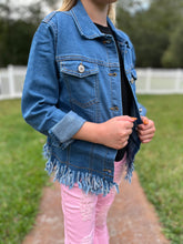 Kids Dark Denim Long Sleeve Fringe Fall Winter Button Jacket