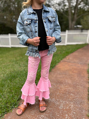Kids Light Wash Faded Denim Fringe Winter Button Jacket