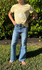 Kan Can Youth high rise wide leg flare medium wash stretch 5 pocket jean