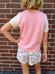 Dolly Pink and Cream block pattern with Jewel studded Ribbed shirt