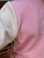 Dolly Pink and Cream block pattern with Jewel studded Ribbed shirt