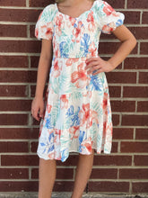 Girls Textured Floral Smock Puff Sleeve Dress