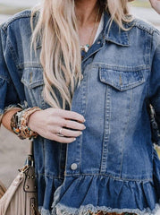 Raw Edge Ruffled Short Sleeve Denim Jacket
