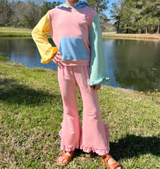 Elsa Pastel Color Block Hooded Ruffle Pocket Lounge Set