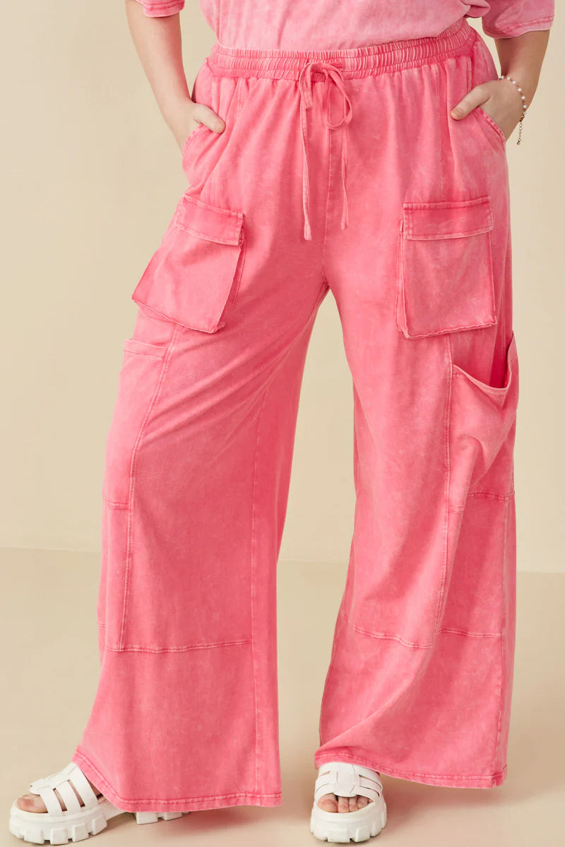 Tween's Washed Cargo Pocket Detail Wide Leg Knit Pants